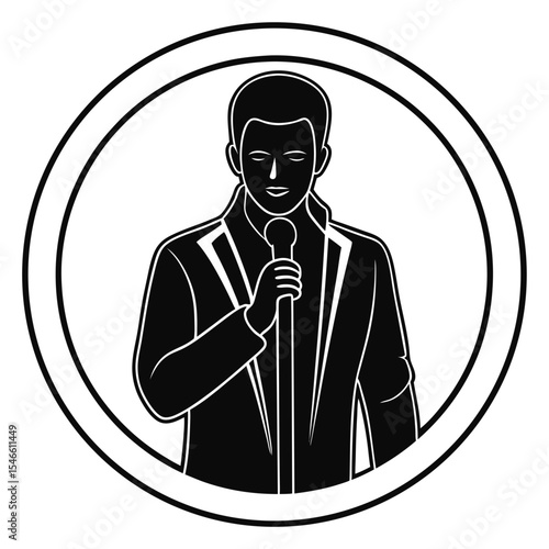 Silhouette of a singer holding a microphone isolated on white background