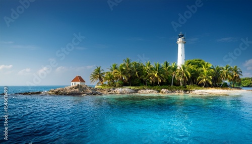 a small island with a lighthouse and palm trees