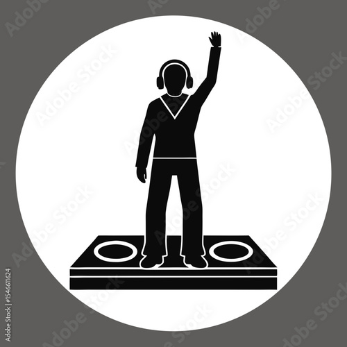 A dj standing behind a turntable, a black and white vector illustration isolated on white background