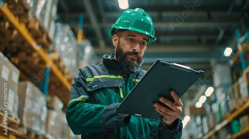 Warehouse Worker Inspecting Inventory: A diligent warehouse worker, donning a green safety helmet, meticulously inspects inventory, holding a clipboard amidst rows of storage racks.