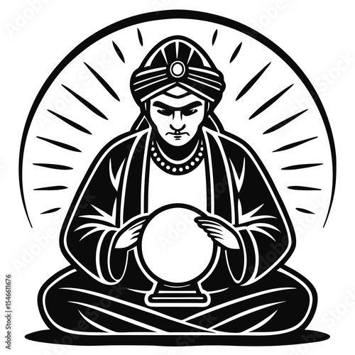 A fortune teller sits cross legged gazing into a crystal ball