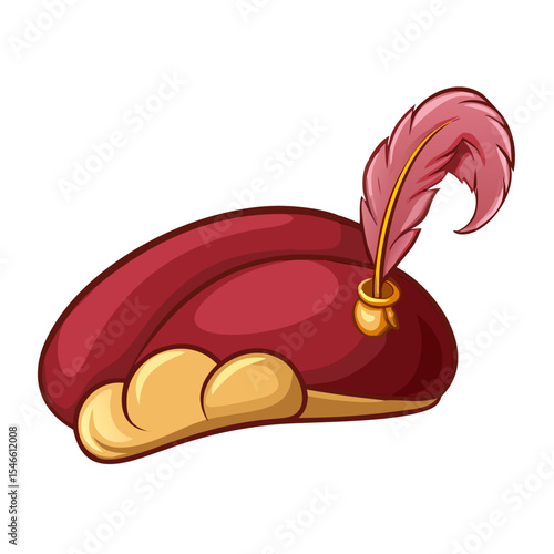 Vintage Feathered Renaissance Hat in Red and Gold – Vector Illustration of Medieval Fashion Accessory | Historic Costume Cap for Art, Theater, or Design

