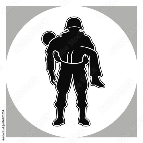 A silhouette of a soldier rescuing an injured comrade, isolated on white background