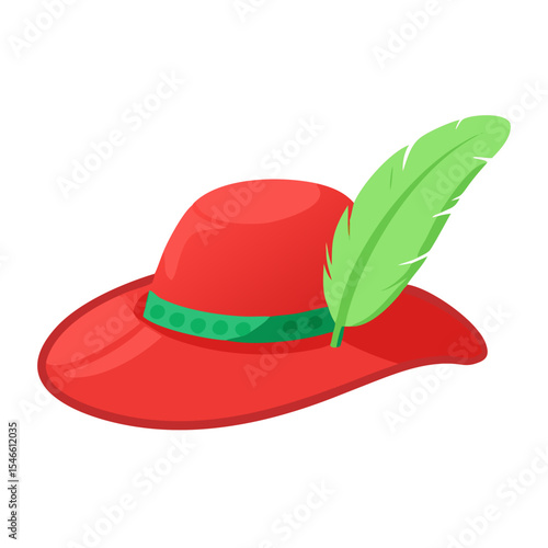 Red Feather Hat Cartoon – Renaissance Style Wide-Brim Hat with Green Plume for Musketeer, Robin Hood, Theater Costume, Storybook, or Fairytale Illustration