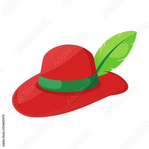 Red Feather Hat Cartoon – Renaissance Style Wide-Brim Hat with Green Plume for Musketeer, Robin Hood, Theater Costume, Storybook, or Fairytale Illustration
