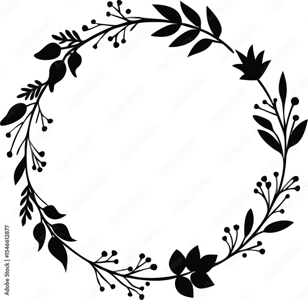 Obraz premium Elegant floral wreath silhouette black and white botanical design with leaves berries and delicate flourishes perfect for wedding invitations and decorations