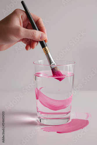 A hand dipping a paintbrush into a glass of water tinted pink from previous strokes.


