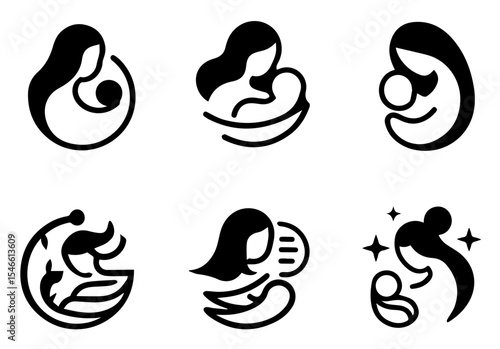 This image features six circular line art illustrations of mothers holding babies. vector logo set