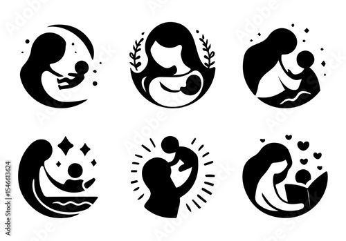 This image features six circular line art illustrations of mothers holding babies. vector logo set