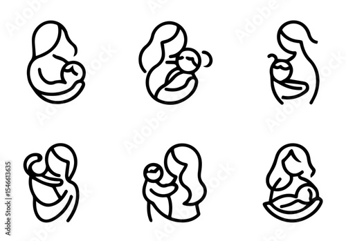 This image features six circular line art illustrations of mothers holding babies. vector logo set