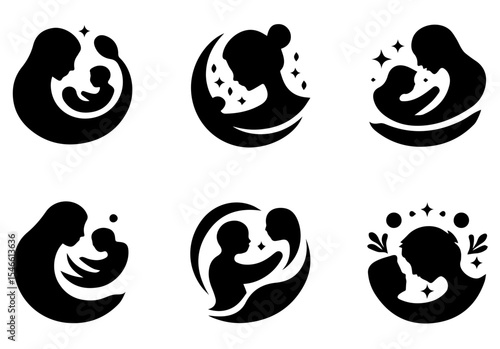 This image features six circular line art illustrations of mothers holding babies. vector logo set
