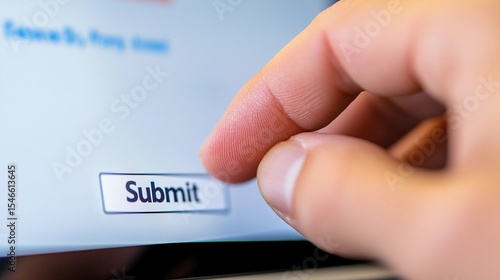 Hand hovering over submit button on a tax filling website at a workspace capturing the final step in the tax submission process