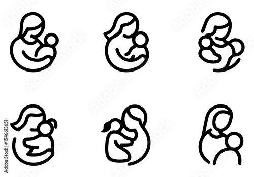 This image features six circular line art illustrations of mothers holding babies. vector logo set