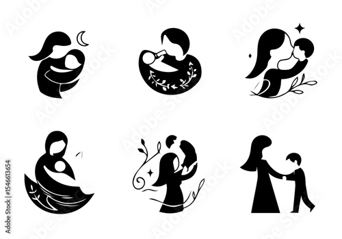 This image features six circular line art illustrations of mothers holding babies. vector logo set