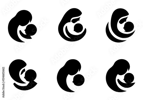 This image features six circular line art illustrations of mothers holding babies. vector logo set