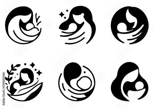 This image features six circular line art illustrations of mothers holding babies. vector logo set