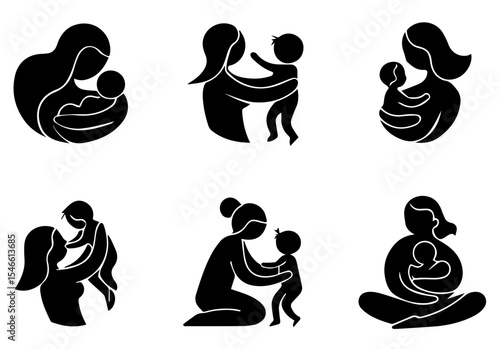This image features six circular line art illustrations of mothers holding babies. vector logo set