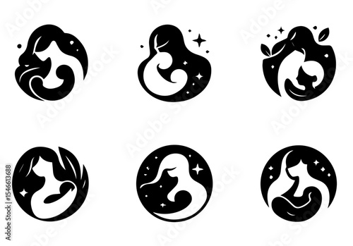 This image features six circular line art illustrations of mothers holding babies. vector logo set