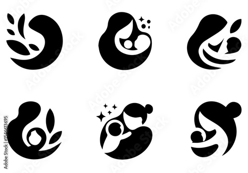 This image features six circular line art illustrations of mothers holding babies. vector logo set