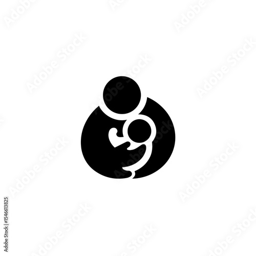 A simple, black and white graphic icon depicts a parent holding a baby.