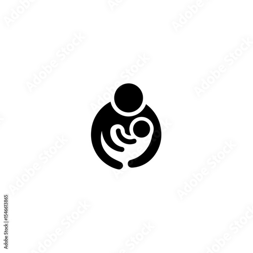 A simple, black and white graphic icon depicts a parent holding a baby.