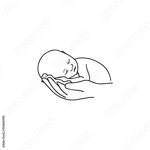 A baby lying on a hand vector line. Hand drawn line and vector logo