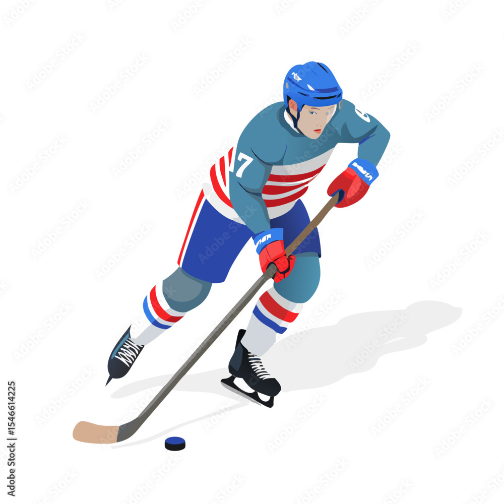 Obraz premium Ice Hockey Player in Action – Skating with Stick and Puck | Vector Sportsman Illustration in Blue Jersey & Helmet | Winter Sports Athlete Art