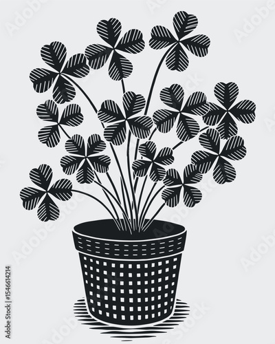 Clover Plant in Checkered Pot – Black and White Botanical Silhouette Illustration