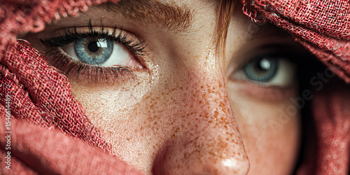 Mesmerizing Blue Eyes in Red Veil Close-Up