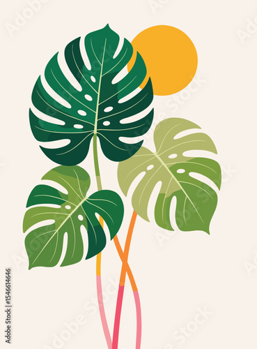 Tropical Monstera Leaves with Sun – Vibrant Abstract Botanical Illustration