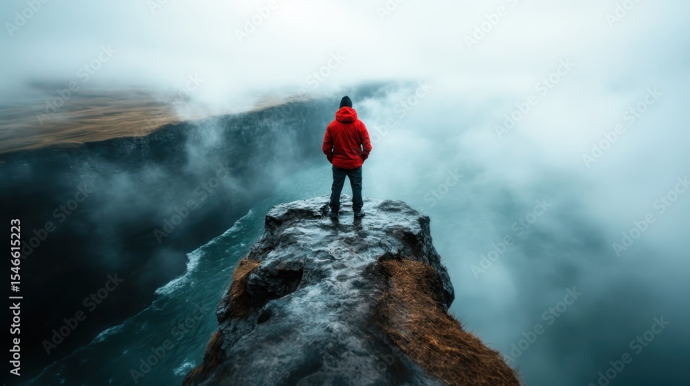 Obraz premium A lone figure stands on a rocky cliff edge, gazing down at the misty ocean below, representing introspection, adventure, and the search for self in a vast landscape.