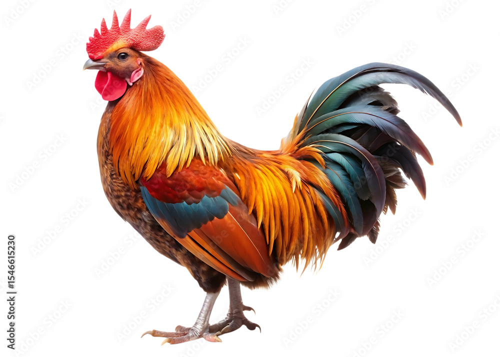 Colorful rooster standing isolated on transparent background Colorful rooster standing isolated on transparent background