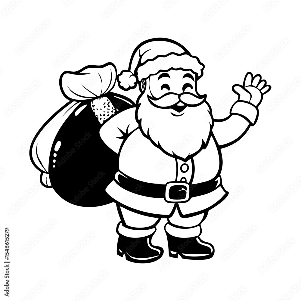 Obraz premium Cute Santa Claus with Gift Bag Vector – Christmas Clipart for Holiday Cards, Invitations, Seasonal Crafts, Winter Decorations, and Festive Designs