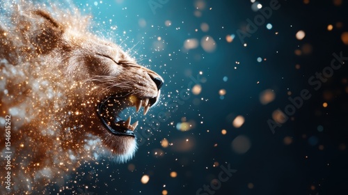 This stunning image captures a roaring lion's majestic face with a sparkling, ethereal effect, conveying strength, power, and raw emotion in a captivating visual display.