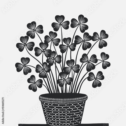 Clover Plant in Checkered Pot – Black and White Botanical Silhouette Illustration