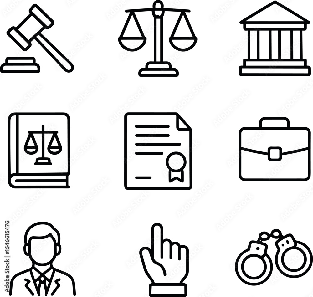 Law and justice line icons set. Court, lawyer, gavel, handcuffs, legal documents, etc. Vector outline symbols Law and justice line icons set. Court, lawyer, gavel, handcuffs, legal documents, etc. Vector outline symbols