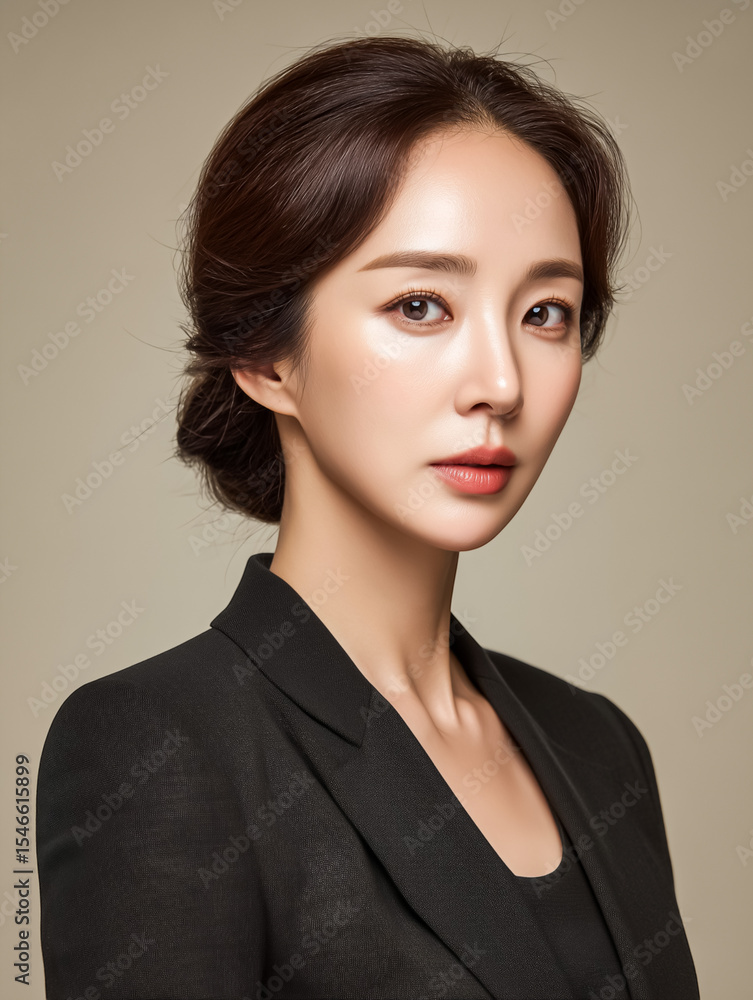 Elegant Korean woman in black suit with neatly tied hair, business portrait Elegant Korean woman in black suit with neatly tied hair, business portrait