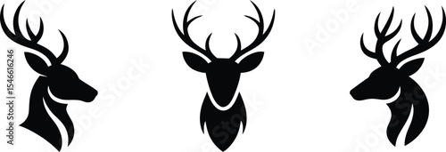 Set of 3 Black Deer Head Silhouettes Vector