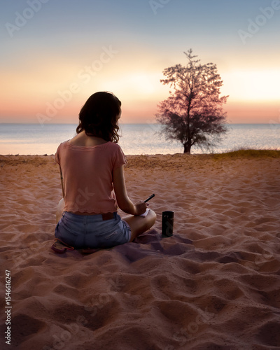 Young woman sitting on the sand makes notes on the lake beach