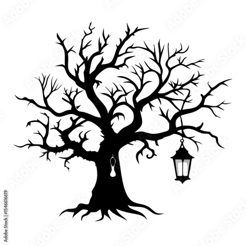 Spooky Bare Tree Silhouette with Hanging Lantern and Noose – Eerie Halloween Vector Illustration for Haunted, Gothic, or Dark-Themed Art and Decor Projects