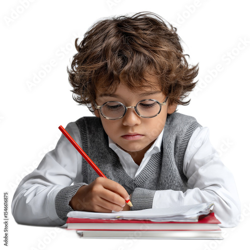 Young boy with glasses focused on homework, writing with red pencil on stack of notebooks, education concept for children