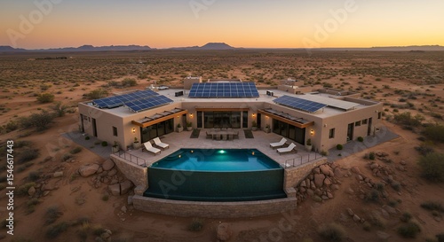 Desert House with Pool and Solar Panels at Sunset