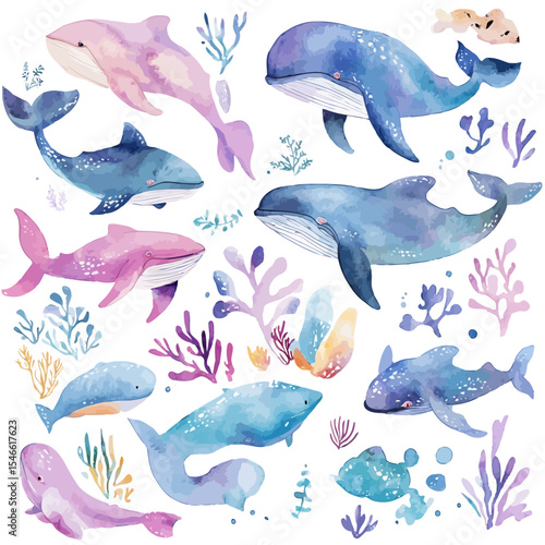 A vector cartoon illustration of a cute set of sea animals featuring funny fish, sharks, and dolphins in the ocean underwater