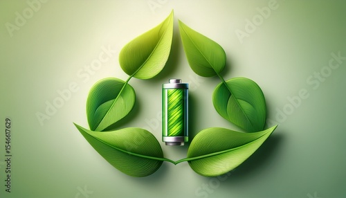 eco friendly battery symbol with green leaves on a light background