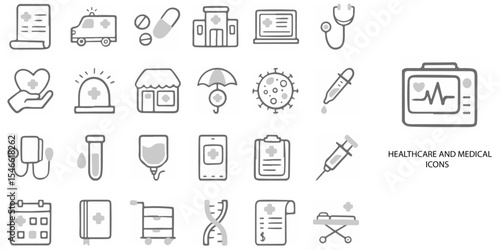 Healthcare and Medical simple concept 24 hand drawn grew color icons set .Vector illustration.	