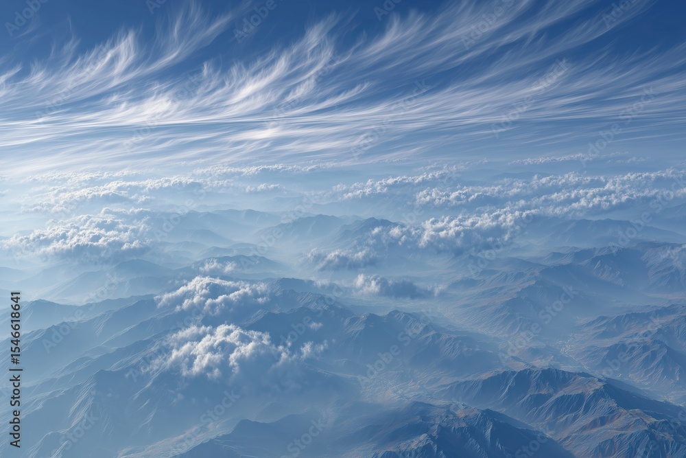 Fototapeta premium Wispy cirrus clouds casting soft shadows over majestic mountain landscape at midday