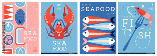 Set of flat modern magazine covers or posters with seafood. Restaurant seafood menu design. Vector illustration