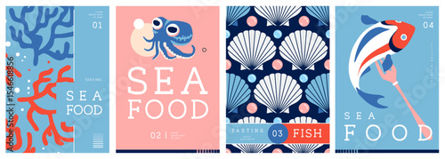 Set of flat modern magazine covers or posters with seafood. Restaurant seafood menu design. Vector illustration