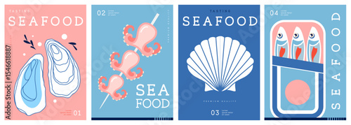 Set of flat modern magazine covers or posters with seafood. Restaurant seafood menu design. Vector illustration