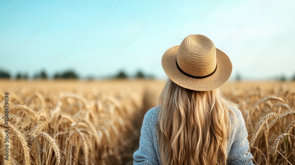 Obraz premium A scenic view of a woman wearing a straw hat walking through a vast golden wheat field under a clear blue sky, symbolizing freedom, serenity, and the bounty of nature.